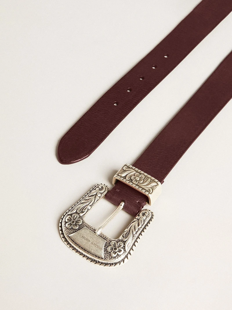 Women’s belt burgundy leather with decorated silver buckle