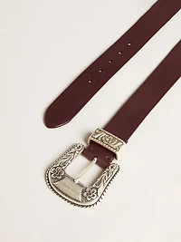 Women’s belt burgundy leather with decorated silver buckle