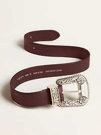Women’s belt burgundy leather with decorated silver buckle