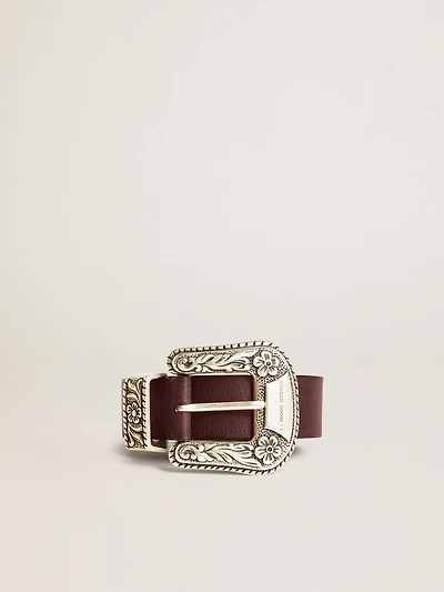 Women’s belt burgundy leather with decorated silver buckle