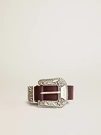 Women’s belt burgundy leather with decorated silver buckle