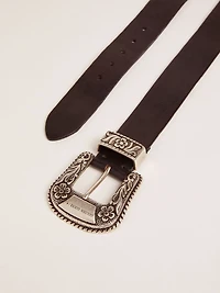 Women's belt black leather with silver decorated buckle
