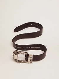 Women's belt black leather with silver decorated buckle