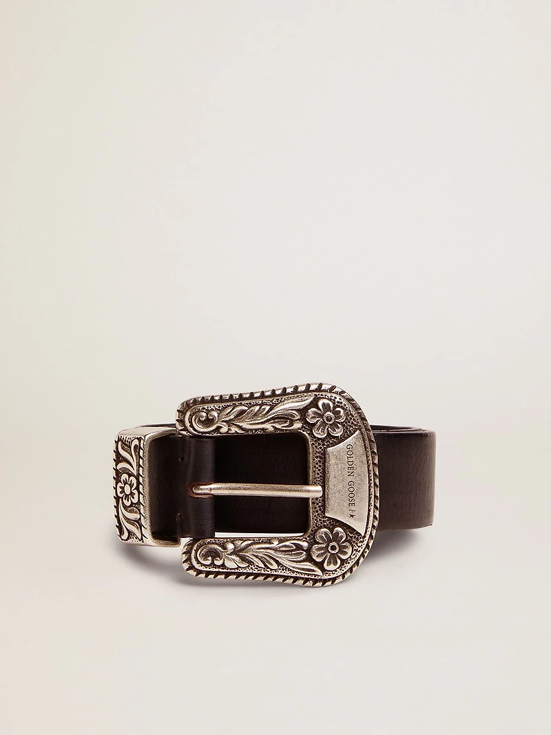 Women's belt black leather with silver decorated buckle