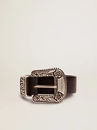 Women's belt black leather with silver decorated buckle