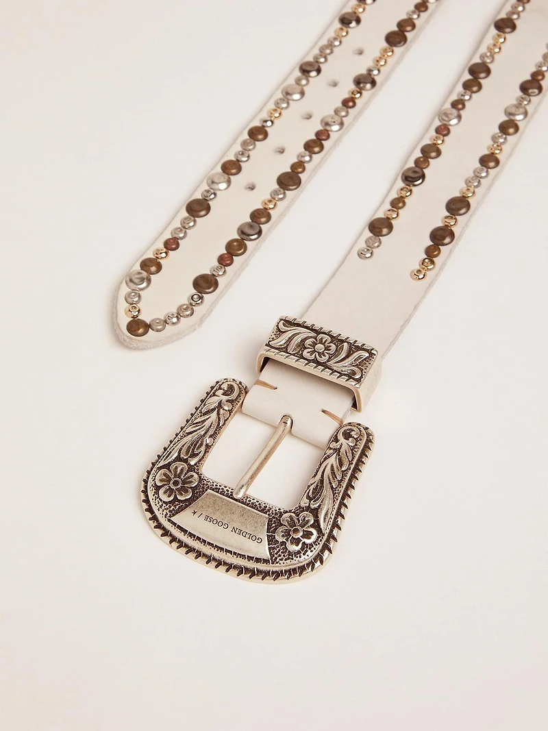 Women's belt white leather with colored studs