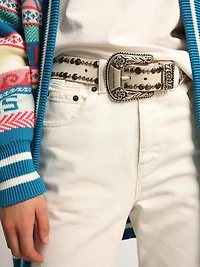 Women's belt white leather with colored studs