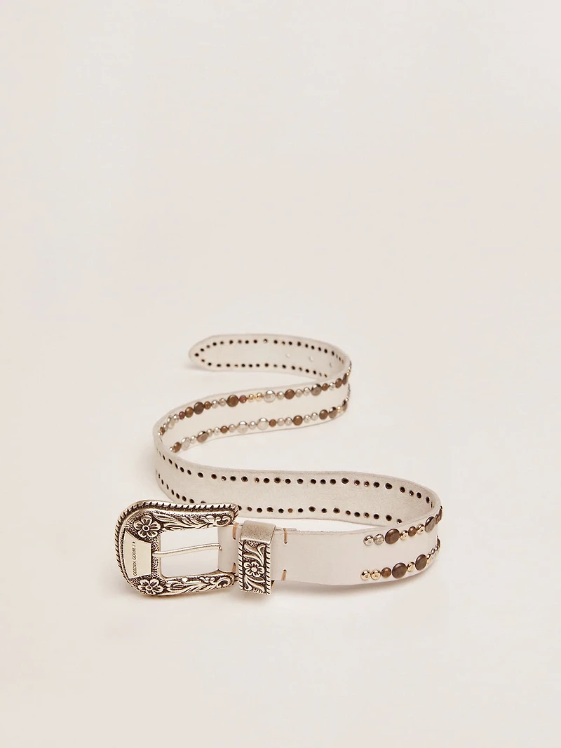Women's belt white leather with colored studs