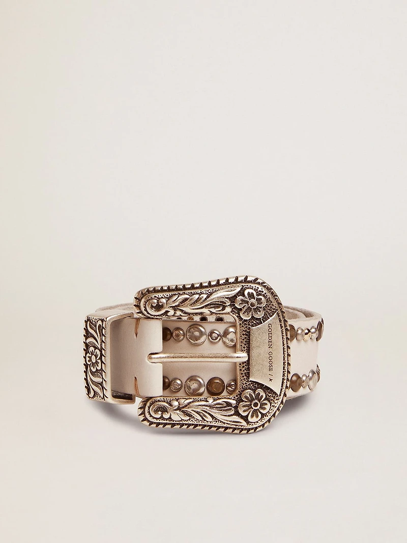 Women's belt white leather with colored studs