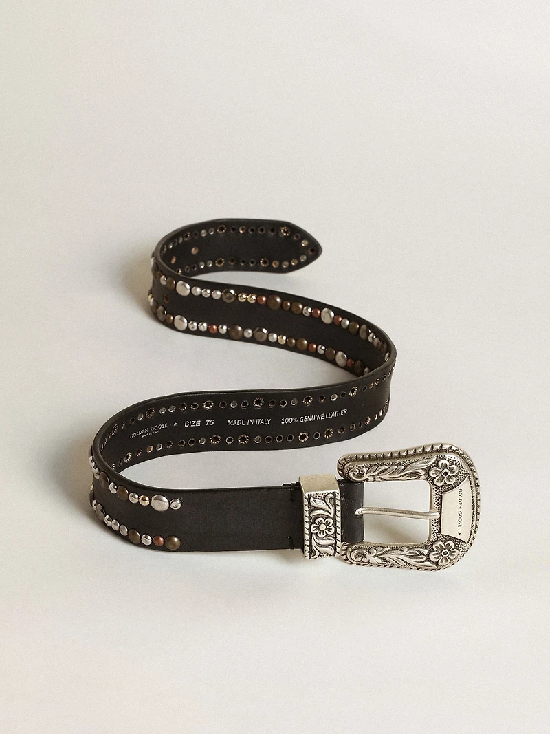 Women's belt black leather with studs