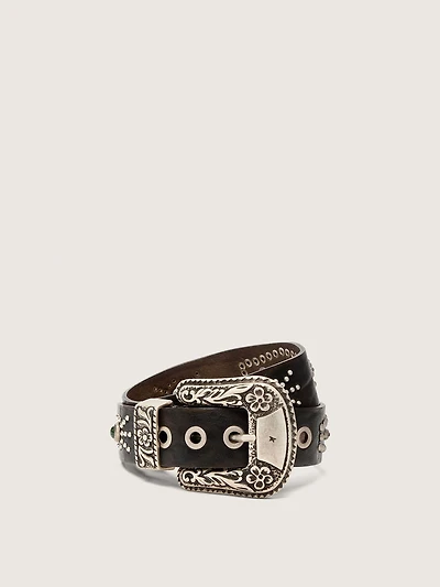 Lace belt tan-colored washed leather with studs and inlays