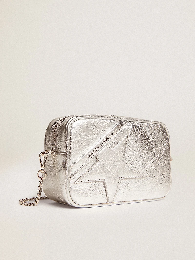 Women's Mini Star Bag in silver laminated leather with tone-on-tone star