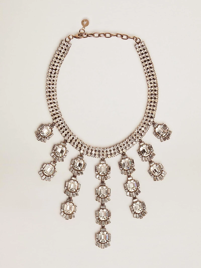Women's necklace in antique gold color with drop crystals