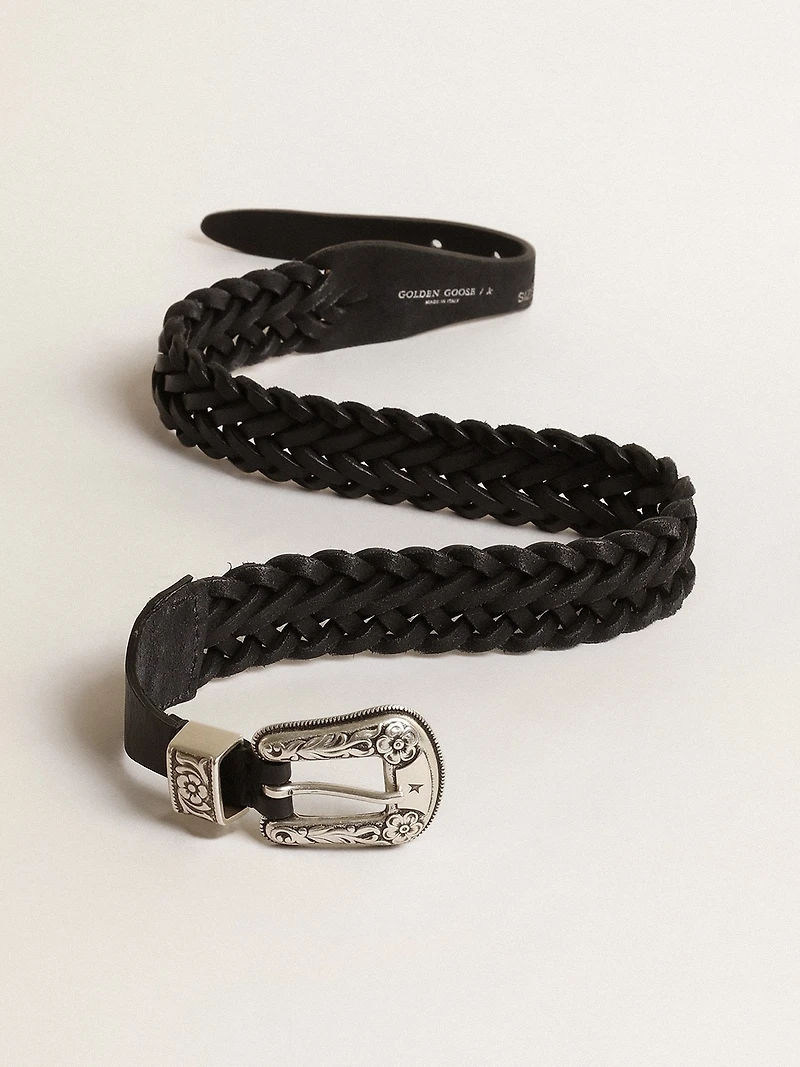 Belt in black braided leather with silver color buckle
