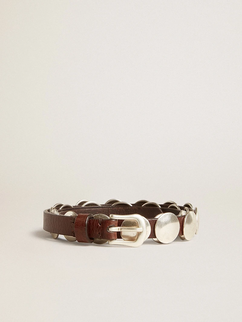 Trinidad thin belt dark brown leather with silver studs