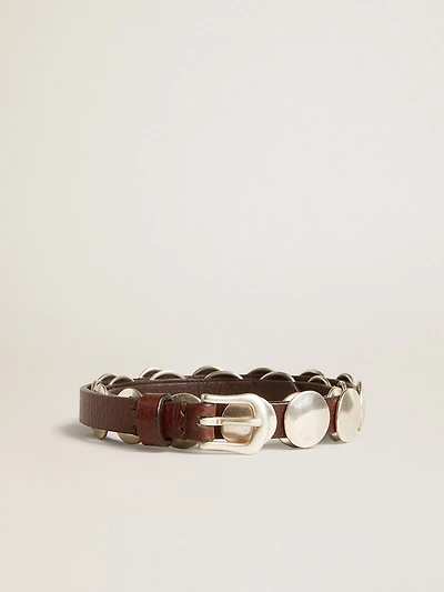 Trinidad thin belt dark brown leather with silver studs