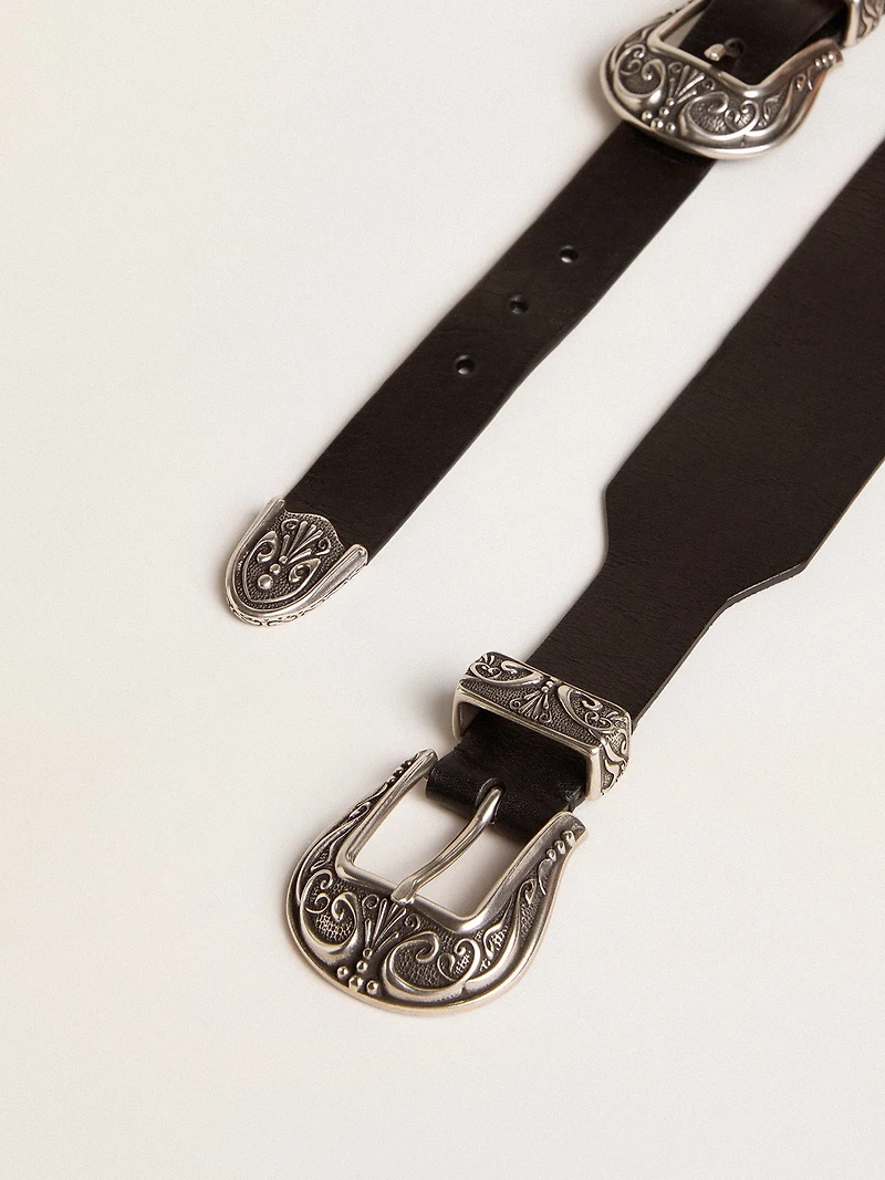 Black belt washed leather with silver-colored double buckle