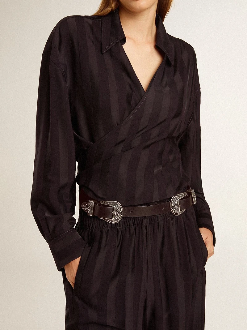 Black belt washed leather with silver-colored double buckle