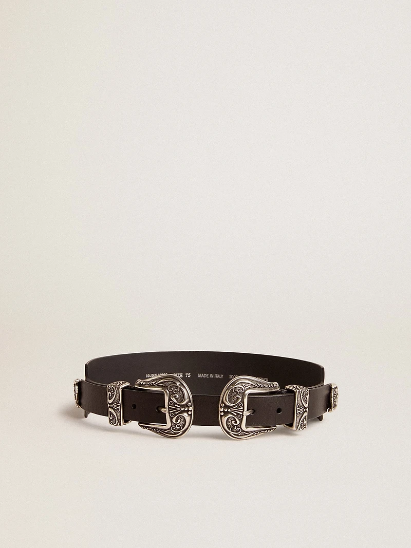 Black belt washed leather with silver-colored double buckle