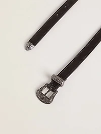 Black leather belt with silver buckle