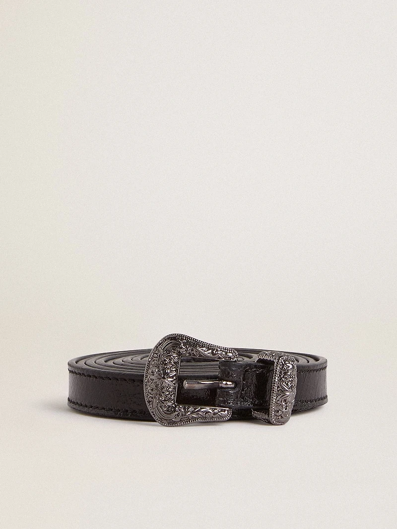 Black leather belt with silver buckle