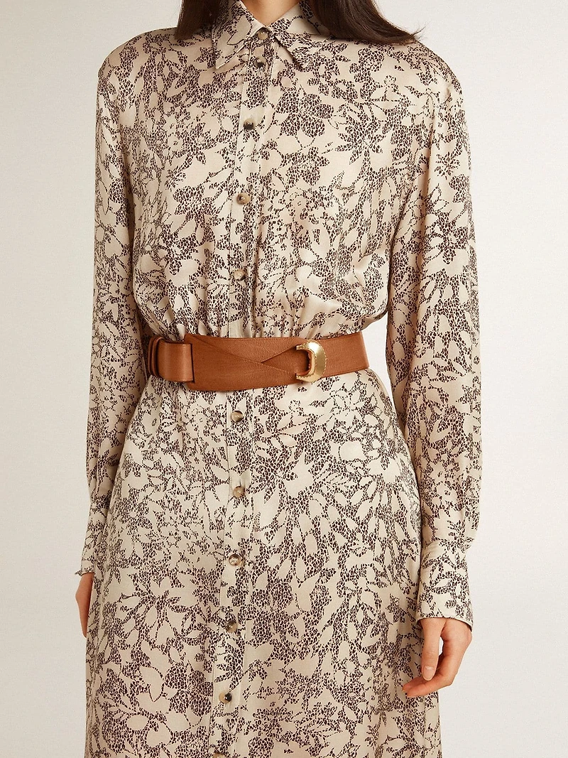 Brown leather belt with semi-circular gold buckle