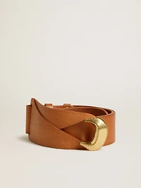Brown leather belt with semi-circular gold buckle