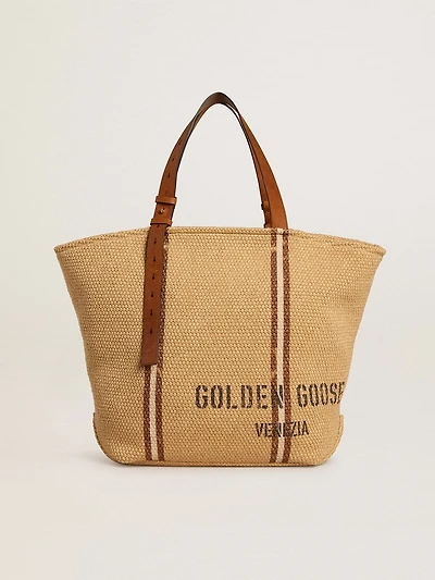 24.7 tote bag in natural raffia and brown leather with gold metallic details