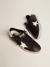 Women’s Super-Star black leather with white star and heel tab