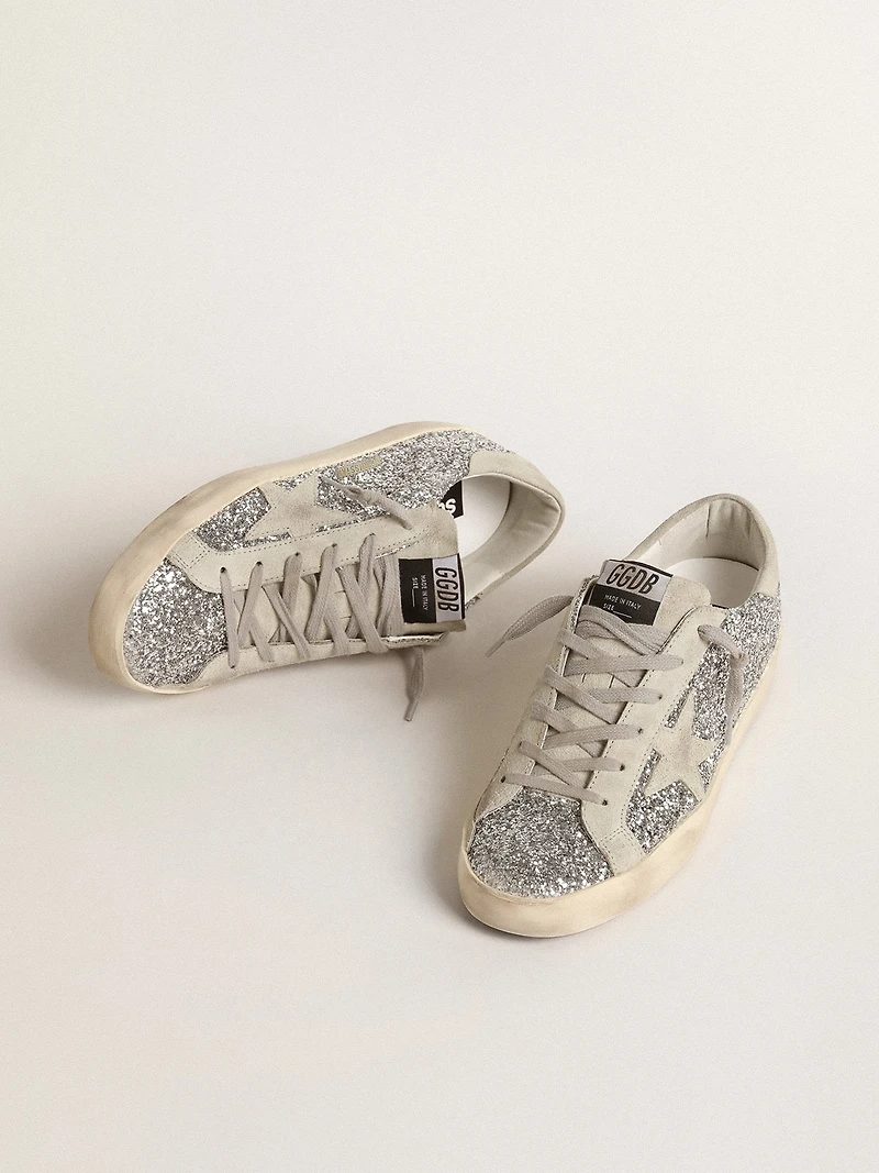 Women's Super-Star silver glitter with ice-gray suede star