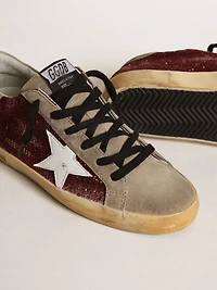 Women's Super-Star burgundy glitter with white leather star and dove-gray suede tongue