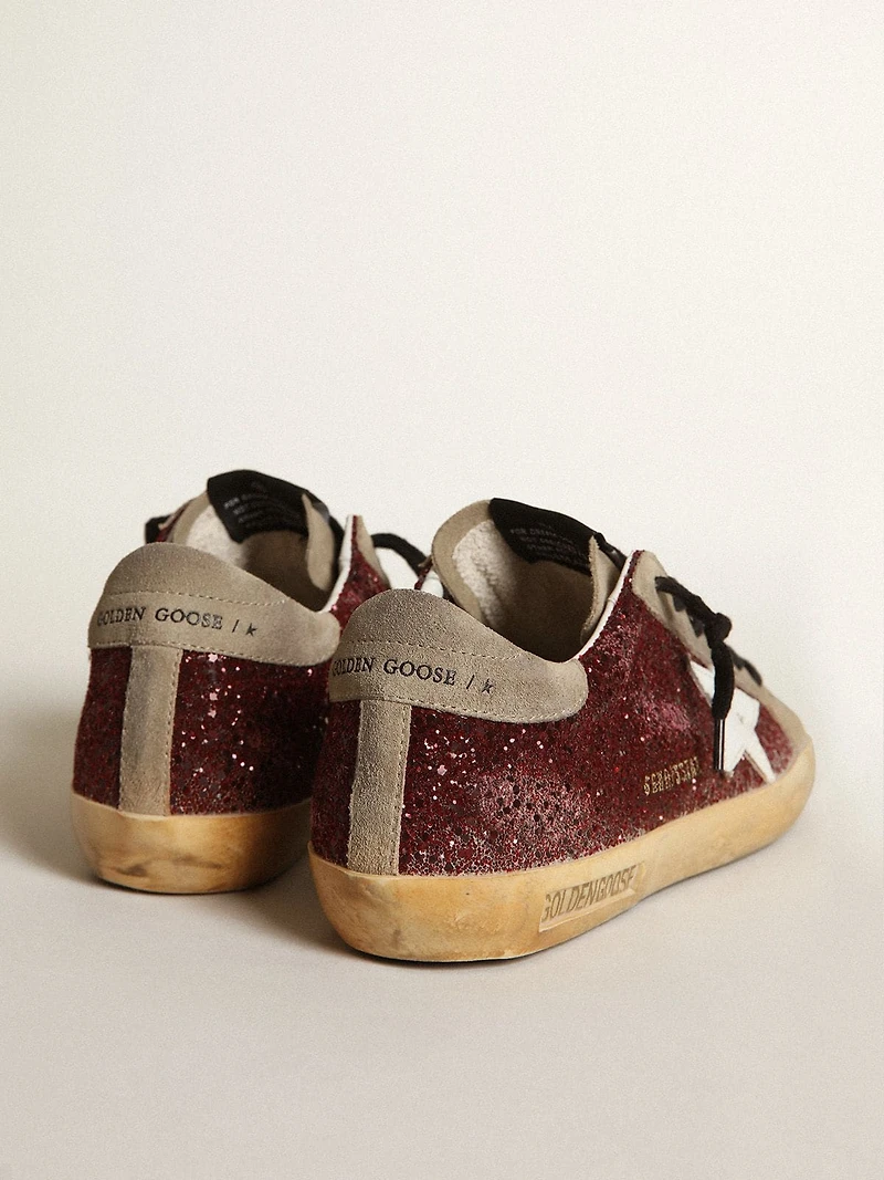 Women's Super-Star burgundy glitter with white leather star and dove-gray suede tongue