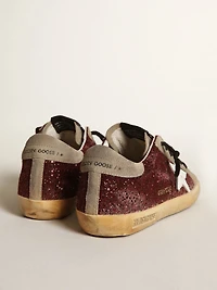 Women's Super-Star burgundy glitter with white leather star and dove-gray suede tongue