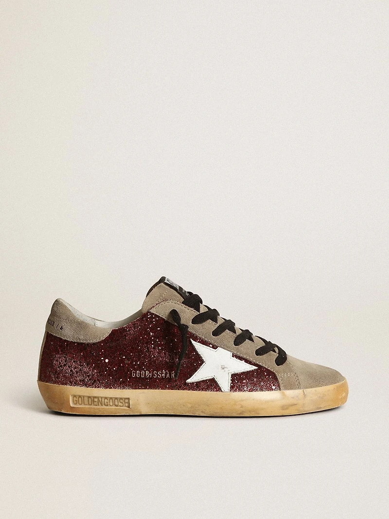 Women's Super-Star burgundy glitter with white leather star and dove-gray suede tongue