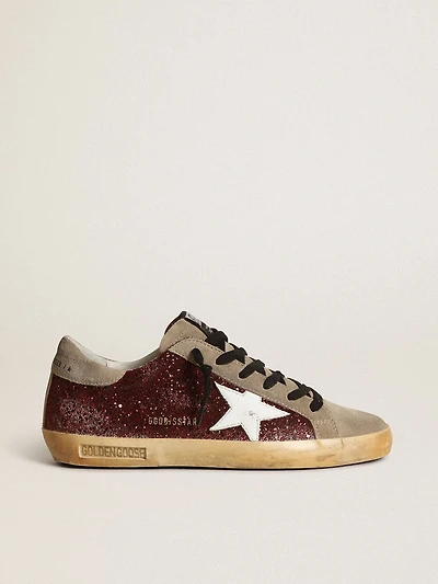 Women's Super-Star burgundy glitter with white leather star and dove-gray suede tongue