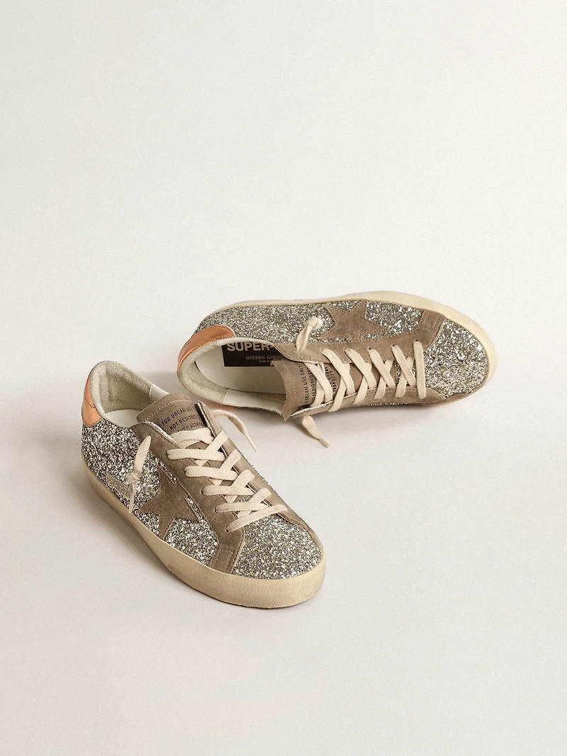 Women's Super-Star platinum glitter with dove-gray suede star