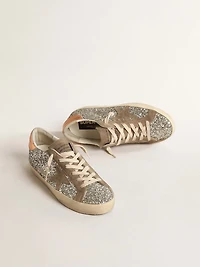 Women's Super-Star platinum glitter with dove-gray suede star