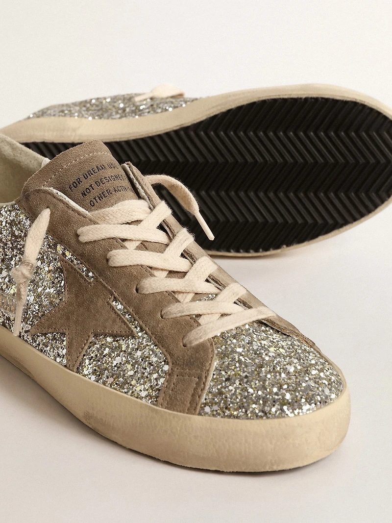 Women's Super-Star platinum glitter with dove-gray suede star