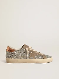 Women's Super-Star platinum glitter with dove-gray suede star