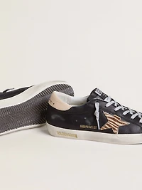 Women’s Super-Star black nappa leather with zebra-print pony skin star and beige heel tab