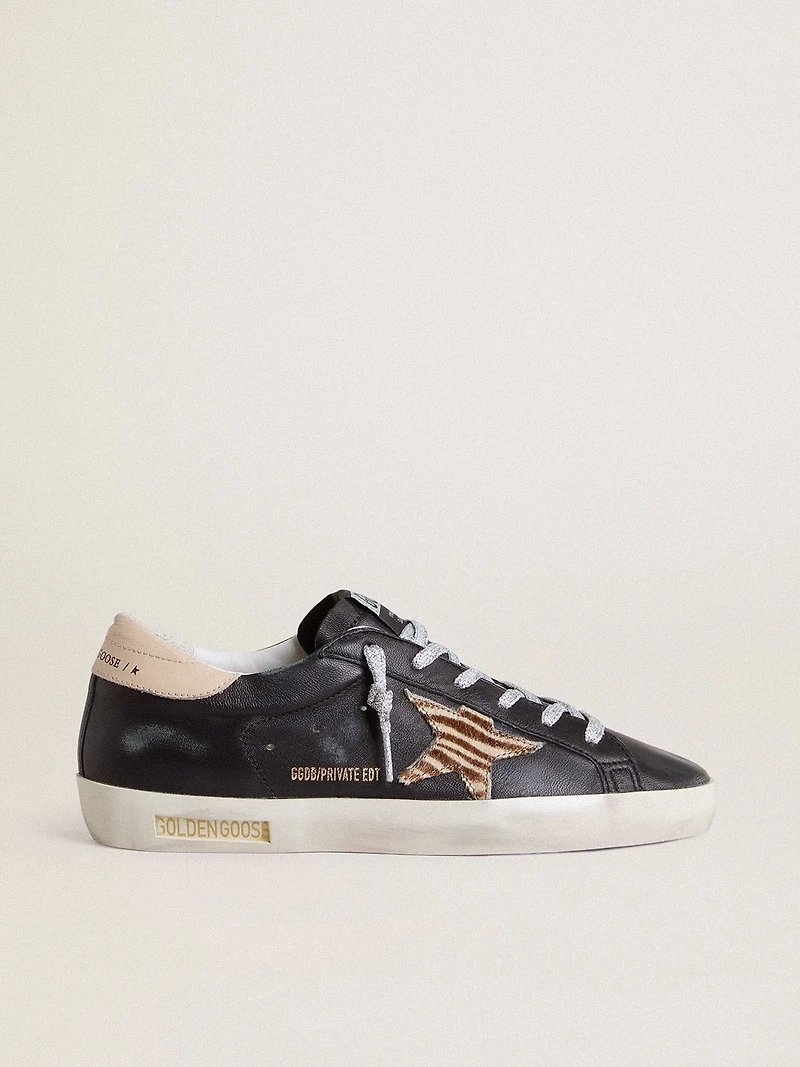 Women’s Super-Star black nappa leather with zebra-print pony skin star and beige heel tab