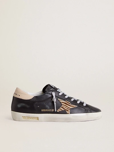 Women’s Super-Star black nappa leather with zebra-print pony skin star and beige heel tab
