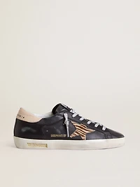 Women’s Super-Star black nappa leather with zebra-print pony skin star and beige heel tab