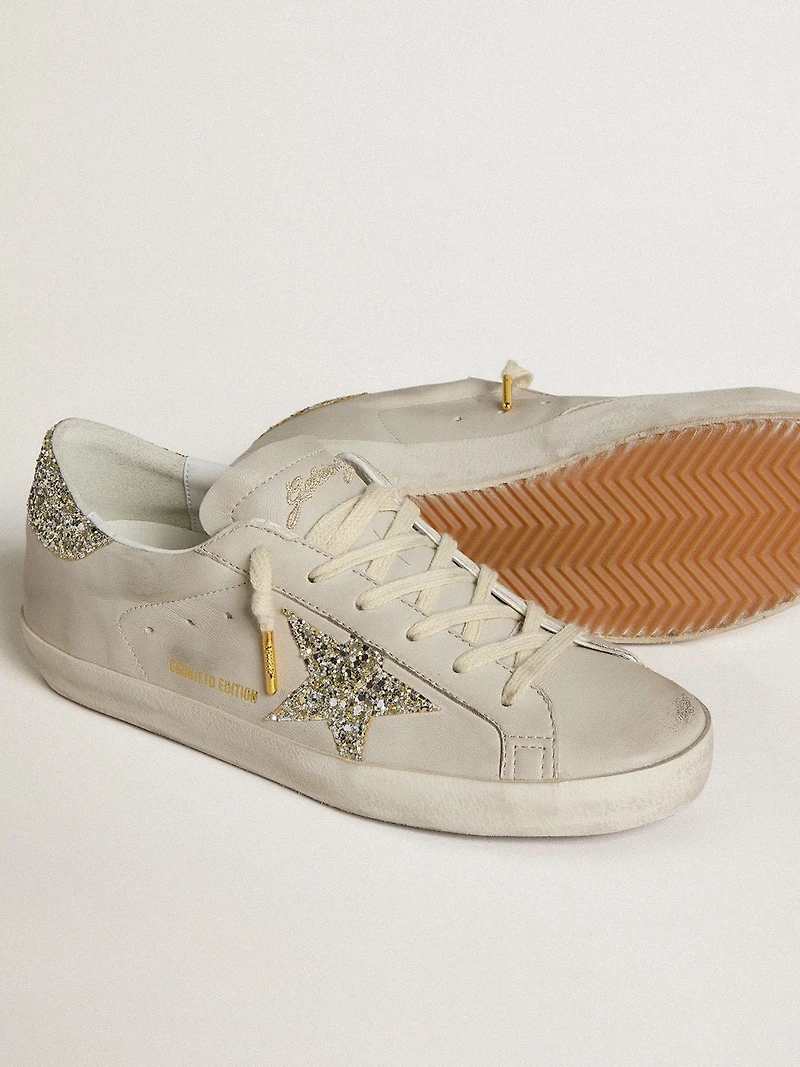 Women's Super-Star LTD ivory nappa leather with platinum glitter star and heel tab