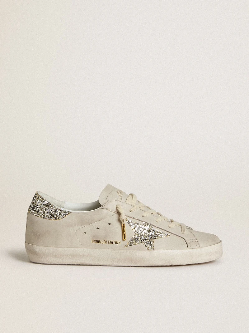 Women's Super-Star LTD ivory nappa leather with platinum glitter star and heel tab