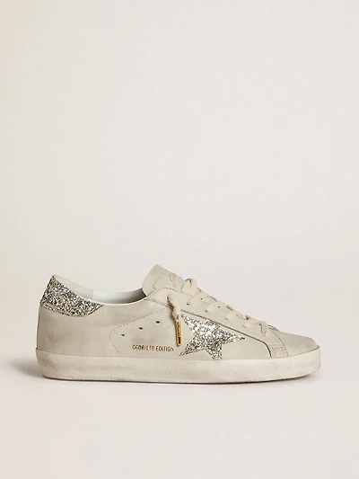 Women's Super-Star LTD ivory nappa leather with platinum glitter star and heel tab