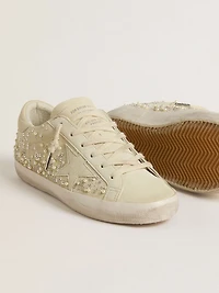 Women’s Super-Star beige suede with pearls and Swarovski crystals