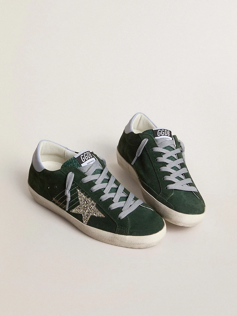 Women's Super-Star green suede, silver glitter star and leather heel tab