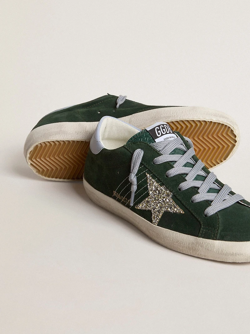 Women's Super-Star green suede, silver glitter star and leather heel tab