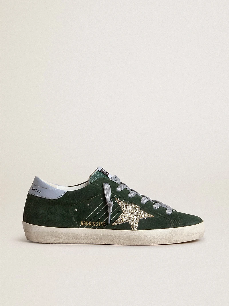 Women's Super-Star green suede, silver glitter star and leather heel tab